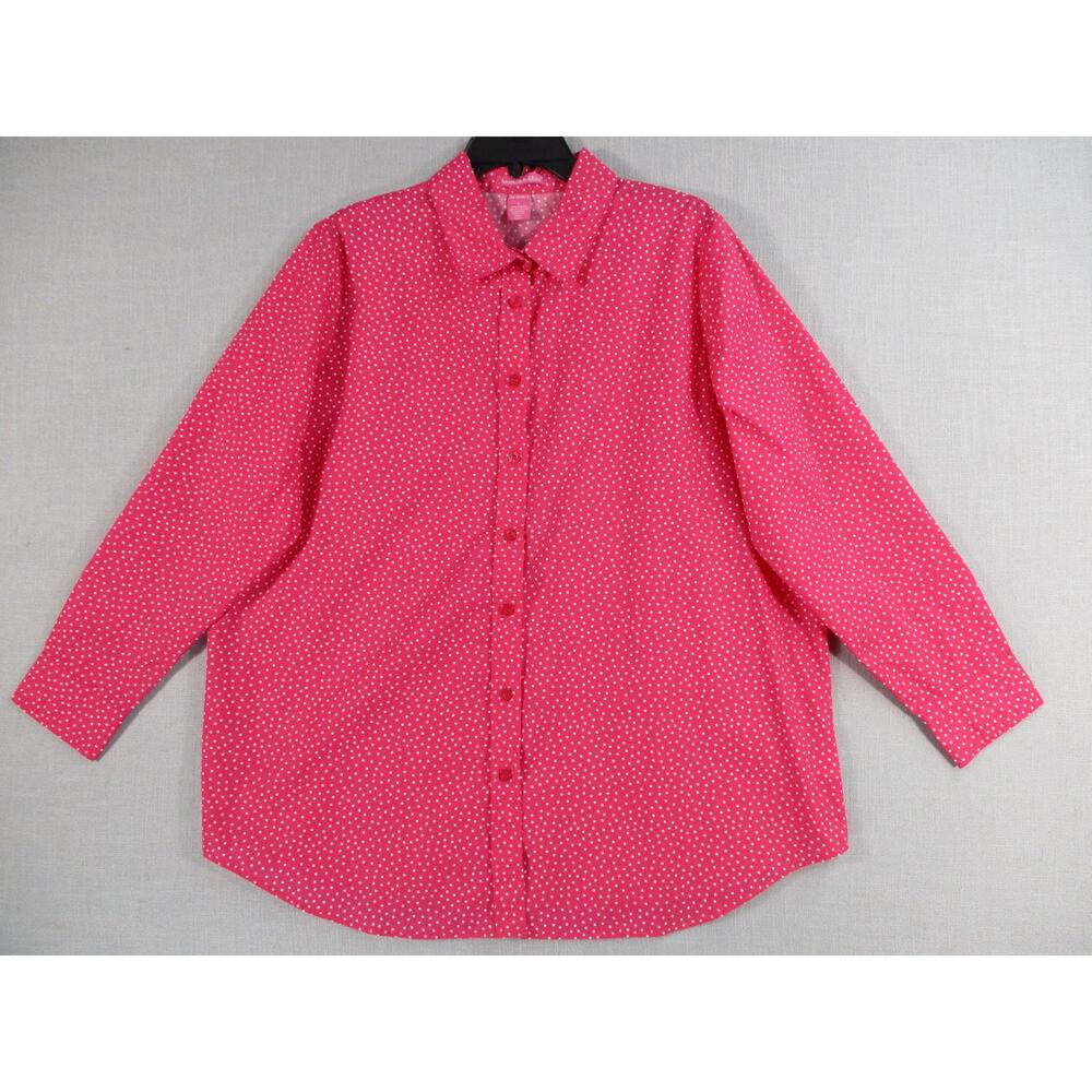 Woman Within Pink White Polka Dot Collared Casual Button Down Shirt Size L
